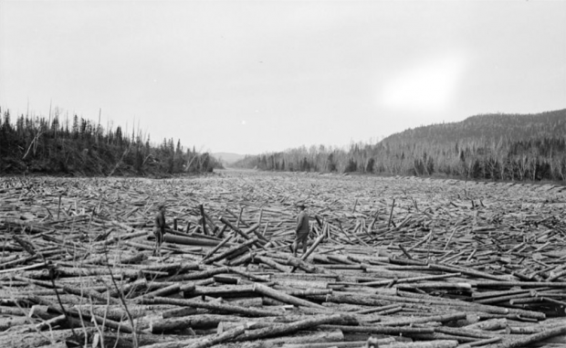 Two men stand on logs that cover the entire river