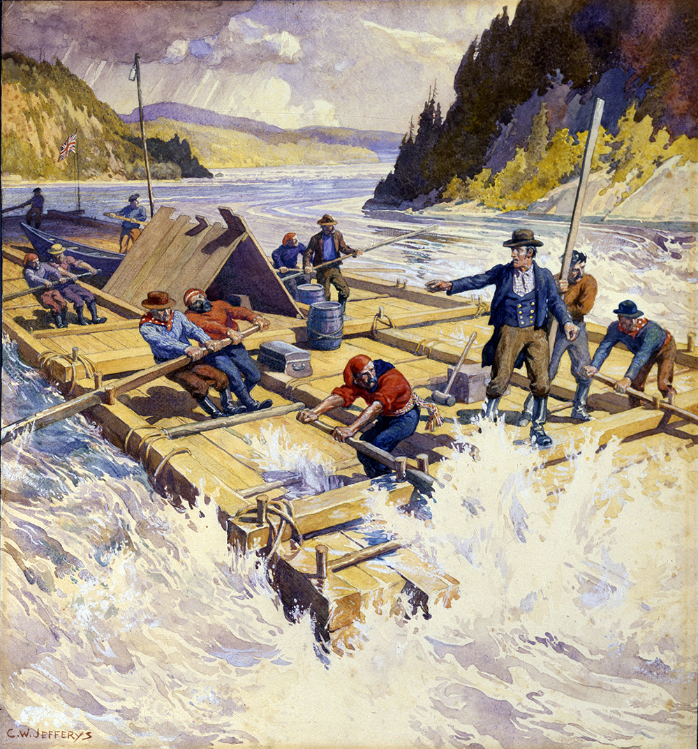 Watercolour of a raft made of squared timber on a river with strong rapids. A number of men are rowing, directed by a man in charge.