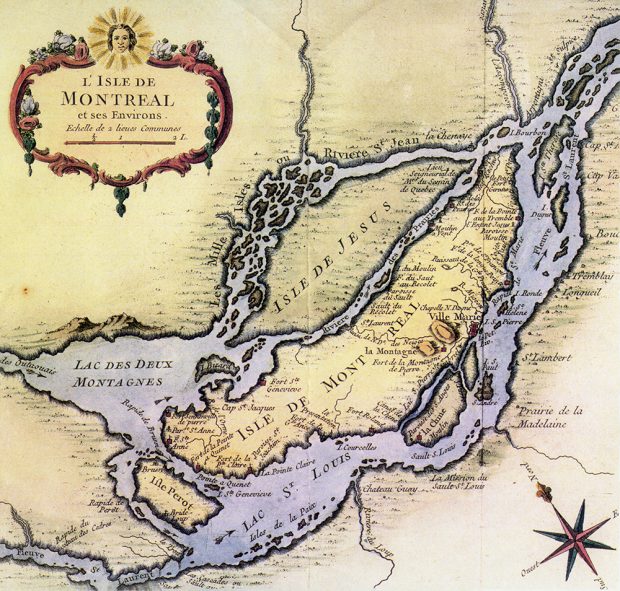 An old map tinted yellow and lavender featuring Île Jésus and the Island of Montreal. In the top left-hand corner, there is a cartouche (decorative box) containing the title. A compass rose appears in the lower right-hand corner.