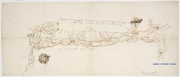 Hand-drawn map of the south shore of Île Jésus in 1674. The paper is yellowed and the ink is beige. Locations and Algonquin sites are noted, and there is a compass rose on either end.