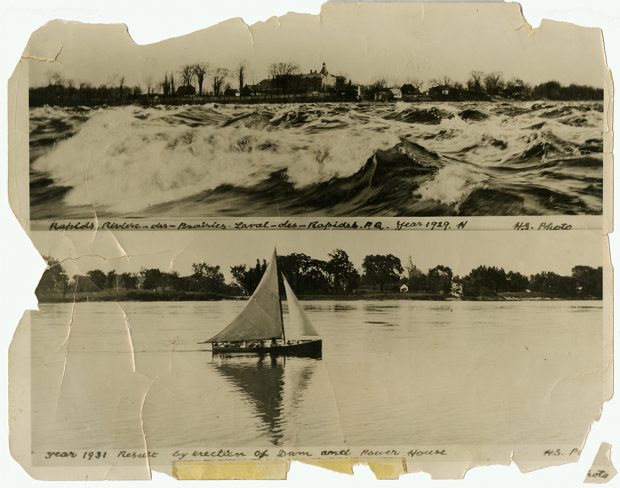Two black and white photographs of the Des Prairies River. The top picture shows the rough rapids in 1929. The bottom one features a sailboat on the calm river after the dam was built in 1931.