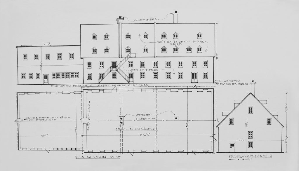 Black and white pencil drawing of a mill, with a plan of the mill and a drawing of the mill seen from the side.