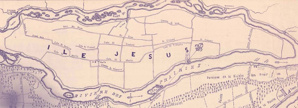 Map of Île Jésus, tinted purple. At the top, the Mille Îles River can be seen, labelled “Rivière des Ottawas” [Ottawa River]. At the bottom, the Des Prairies River and a few locations north of the Island of Montreal. The main roads on Île Jésus are drawn and named.