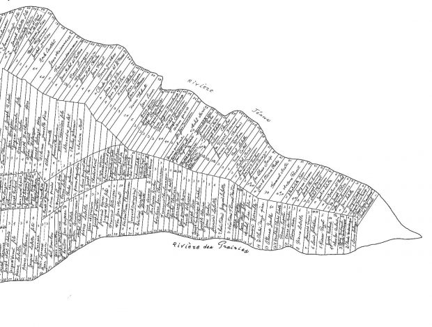 Black and white map featuring long rectangular lots. The owners’ names are written inside each one.