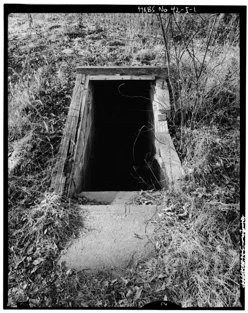 A wood framed rectangular opening in the ground of a high-grass field with concrete stairs leading into a stone walled black hole.