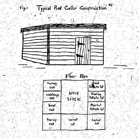 Photocopied drawing of the exterior shed and interior root cellar with vegetable storage areas.