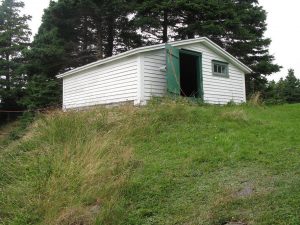 Wooden white root cellar top shed with a green door on a grassy hillside.