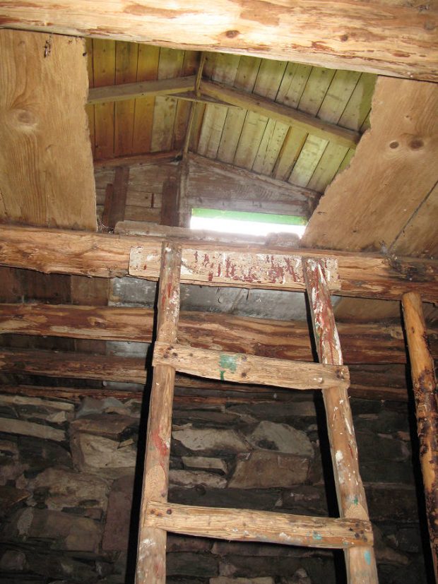 Looking up a ladder inside a root cellar through the hatch entrance.