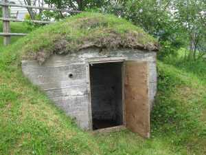 Cave à légumes en béton bâtie à flanc de colline avec une porte d’entrée ouverte sur un versant herbeux.