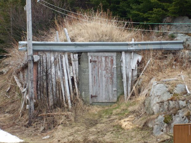 Exterior of a hillside root cellar constructed with metal guardrail, wooden telephone poles, and scrap pieces of wood.