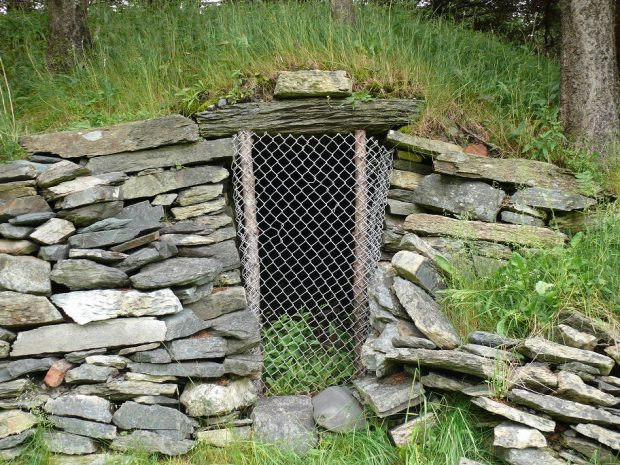 Exterior of a stone walled, grass-covered hillside root cellar, with a chain link fence barrier over the entrance.