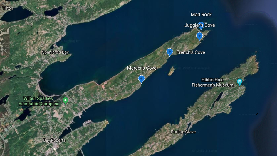 Map pinpointing the locations in Bay Roberts.