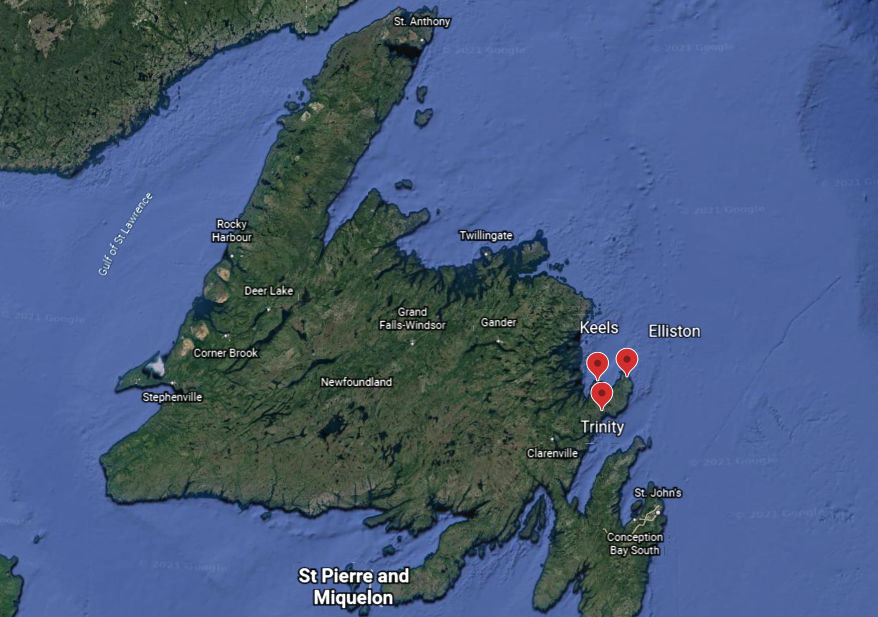 Map pinpointing the areas on the Bonavista Peninsula.