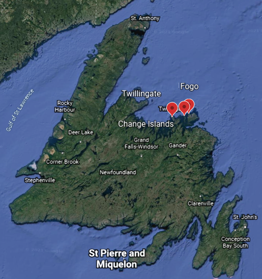 Map pinpointing locations on the map in Central Newfoundland.