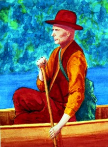 A colourful painting of the famous prospector on a canoe. The background is covered in blue and green, and the man and his canoe are painted in red and yellow.
