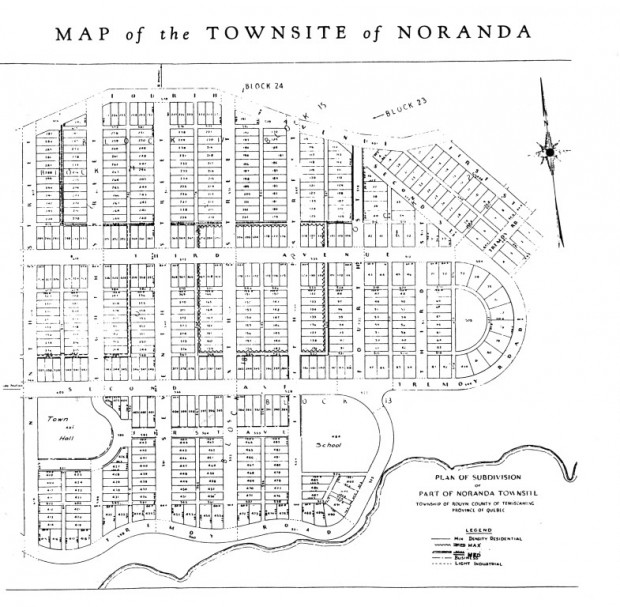 Black-and-white map of the soon-to-be city of Noranda. The streets and the lots are rectilinear.