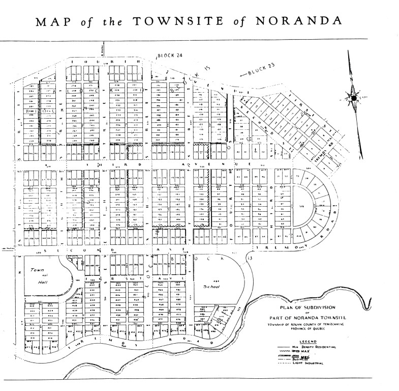 Black-and-white map of the soon-to-be city of Noranda. The streets and the lots are rectilinear.