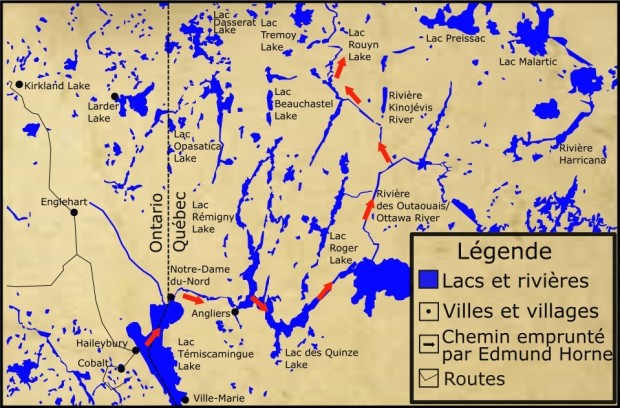 Coloured map of Abitibi, Témiscamingue and Northeastern Ontario where you can see a slew of lakes and rivers, some of which have official names, as well as red arrows that show Edmund Horne’s itinerary.