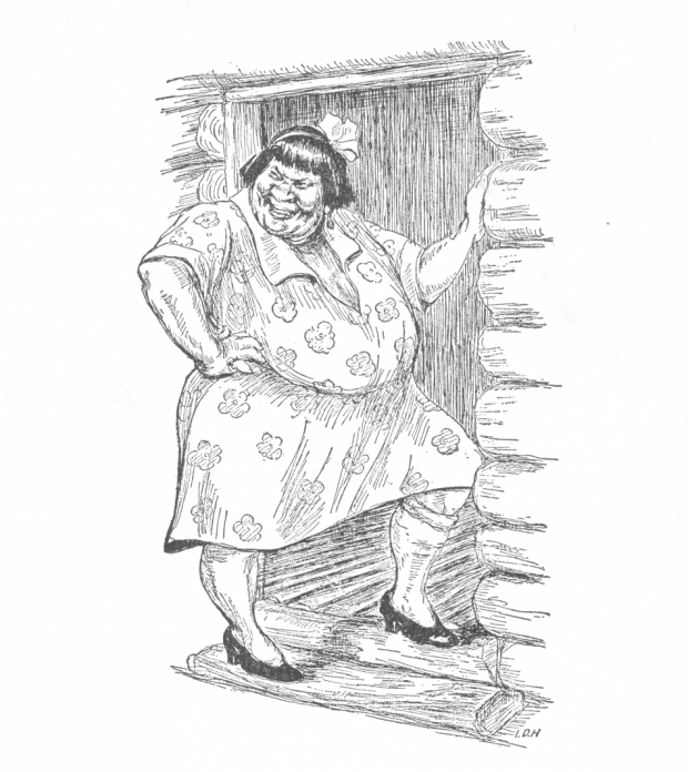 Black-and-white drawing of an obese woman in a floral dress standing in the doorway of a log cabin.