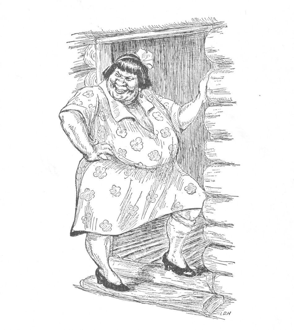 Black-and-white drawing of an obese woman in a floral dress standing in the doorway of a log cabin.