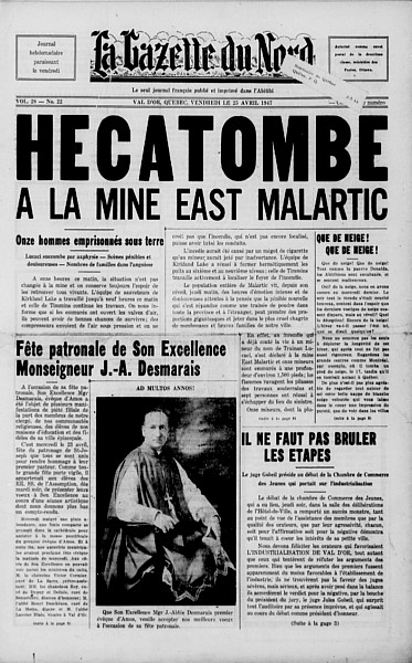 Edition of the weekly newspaper "La Gazette du Nord" announcing the tragedy that occurred at the East Malartic mine on April 24, 1947.