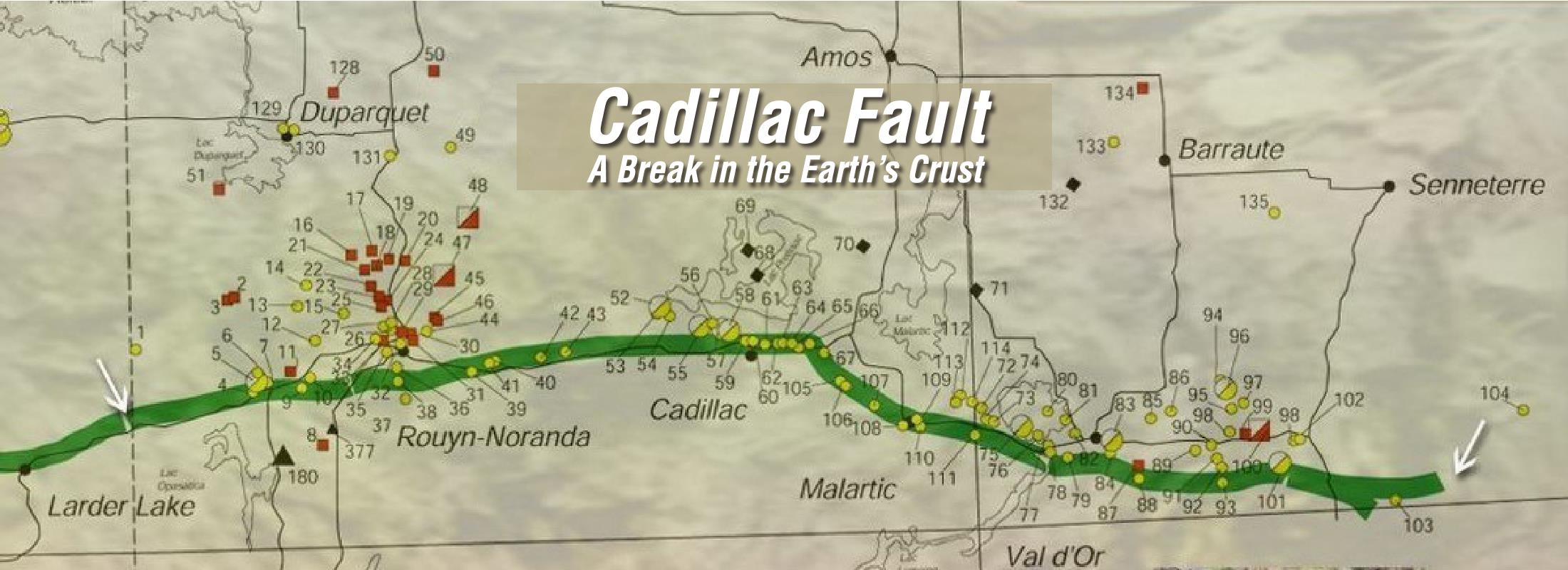 A map showing part of the Cadillac Fault located in Abitibi-Témiscamingue