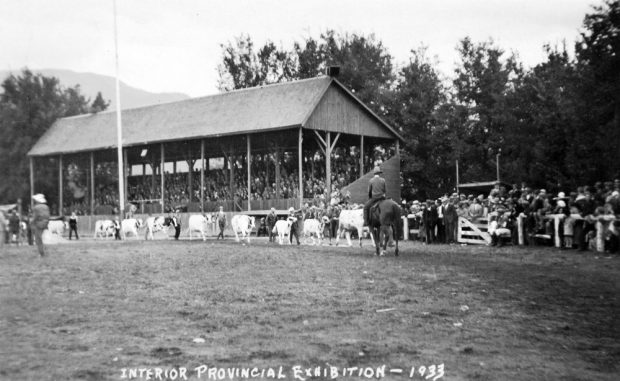 Black and white photo of a filled grandstand and nearby crowd watching nine cows being led. Interior Provincial Exhibition 1933 hand printed on bottom of photo.
