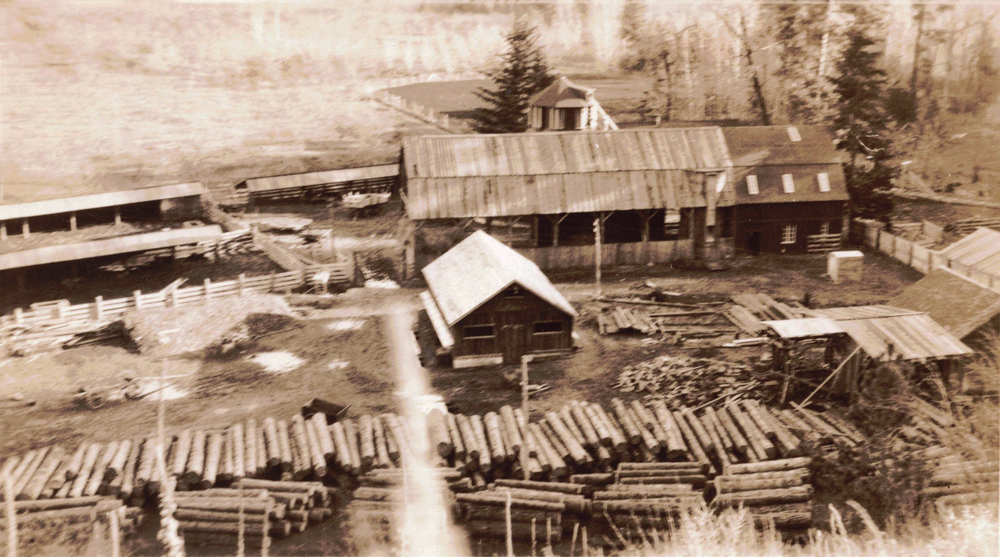 Sepia photo, aerial view of wooden buildings with stack of cut timber.