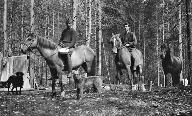 Black and white photo of two men on horseback in a forest. A third horse and two dogs are with them.