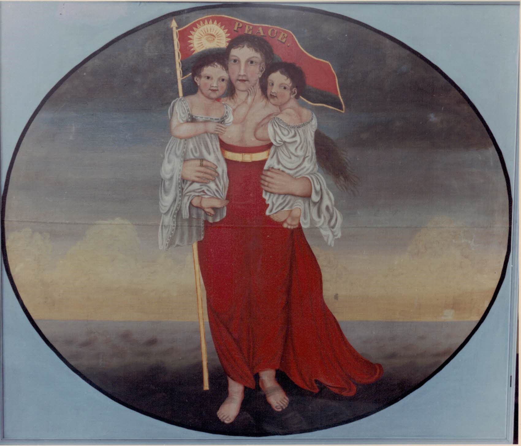 Painting of a women in a red robe carrying two children and a flag which reads: peace