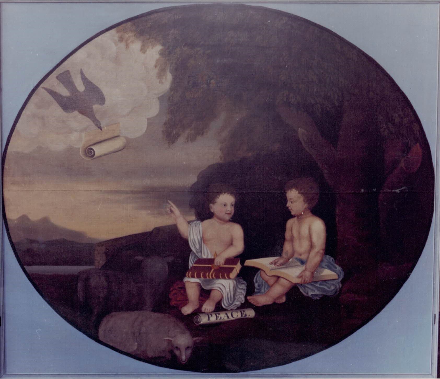 This painting by Richard Coates sits above the West door inside the Temple. It illustrates the same two children from the other painting sitting beneath a tree receiving a message from God by a dove.
