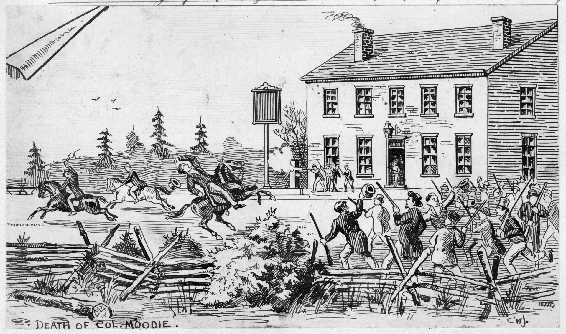 An illustration of the battle at Montgomery's Tavern showing the shooting of Col. Robert Moodie.