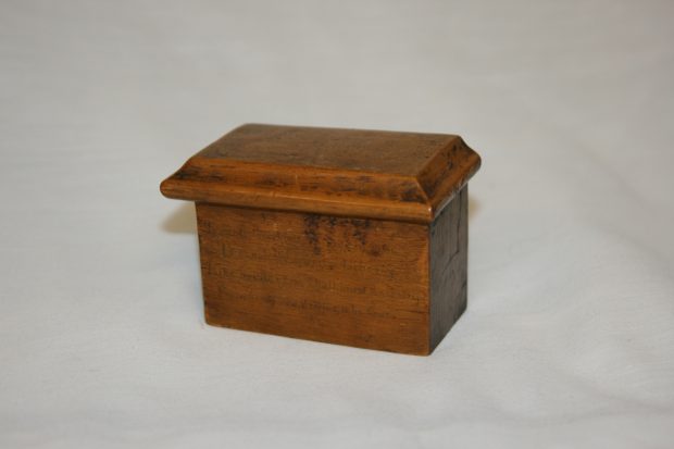 This rebellion box is made of maple and was intended for Mrs. Jane Anderson.