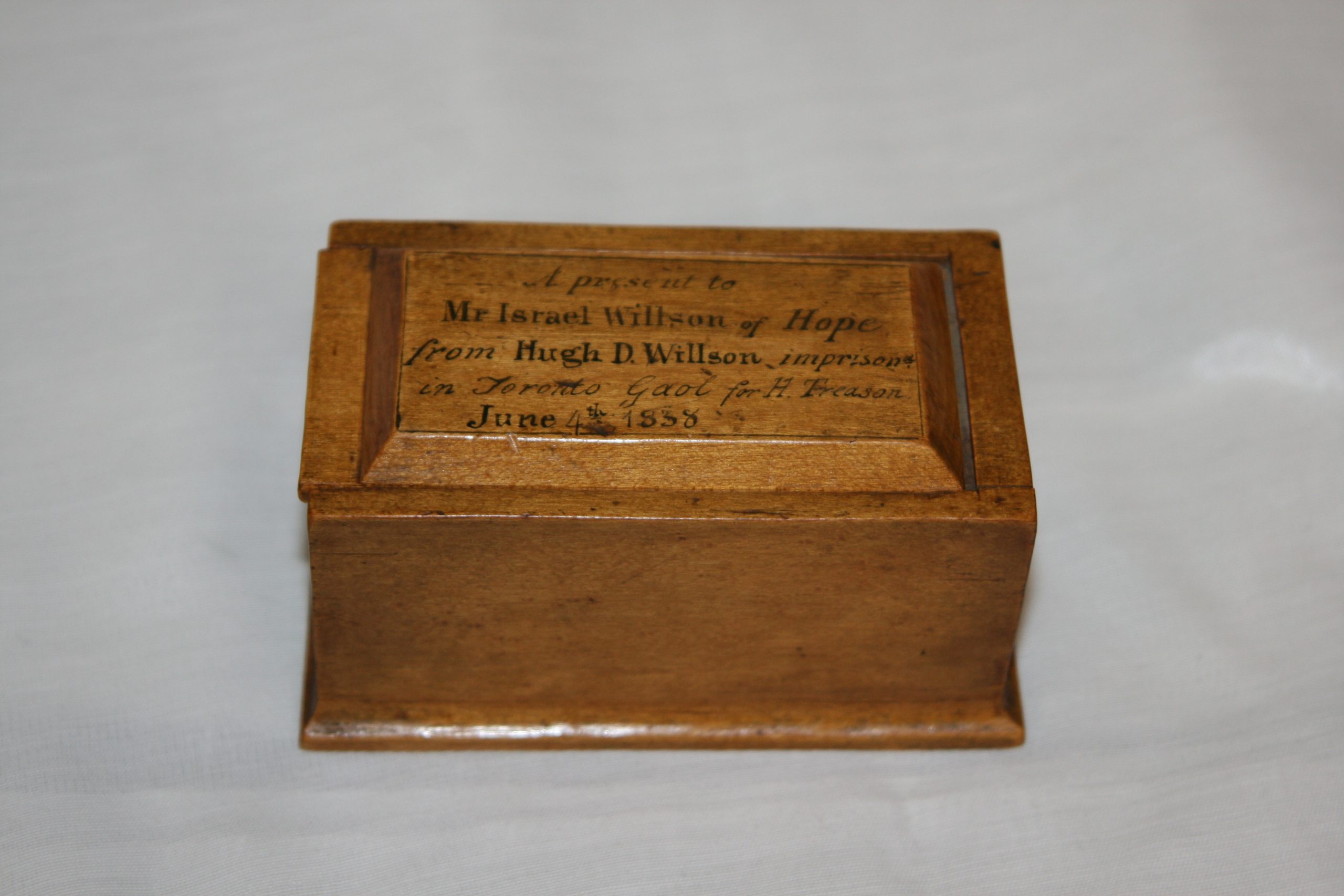 This rebellion box made of hard maple by Hugh D. Willson for Mr. Israel Willson of Hope.