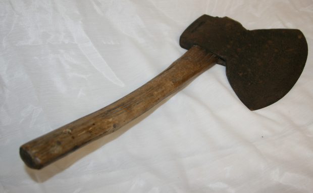 The broad-axe made by Samuel Lount. The axe bears the word S. Lount, cast steel. Lount was executed for his part in the Rebellion of 1837.