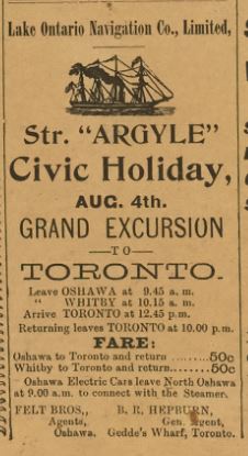 Newspaper ad placed by the Lake Ontario Navigation Co. Limited, indicating the Civic Holiday schedule for the Steamer Arglye