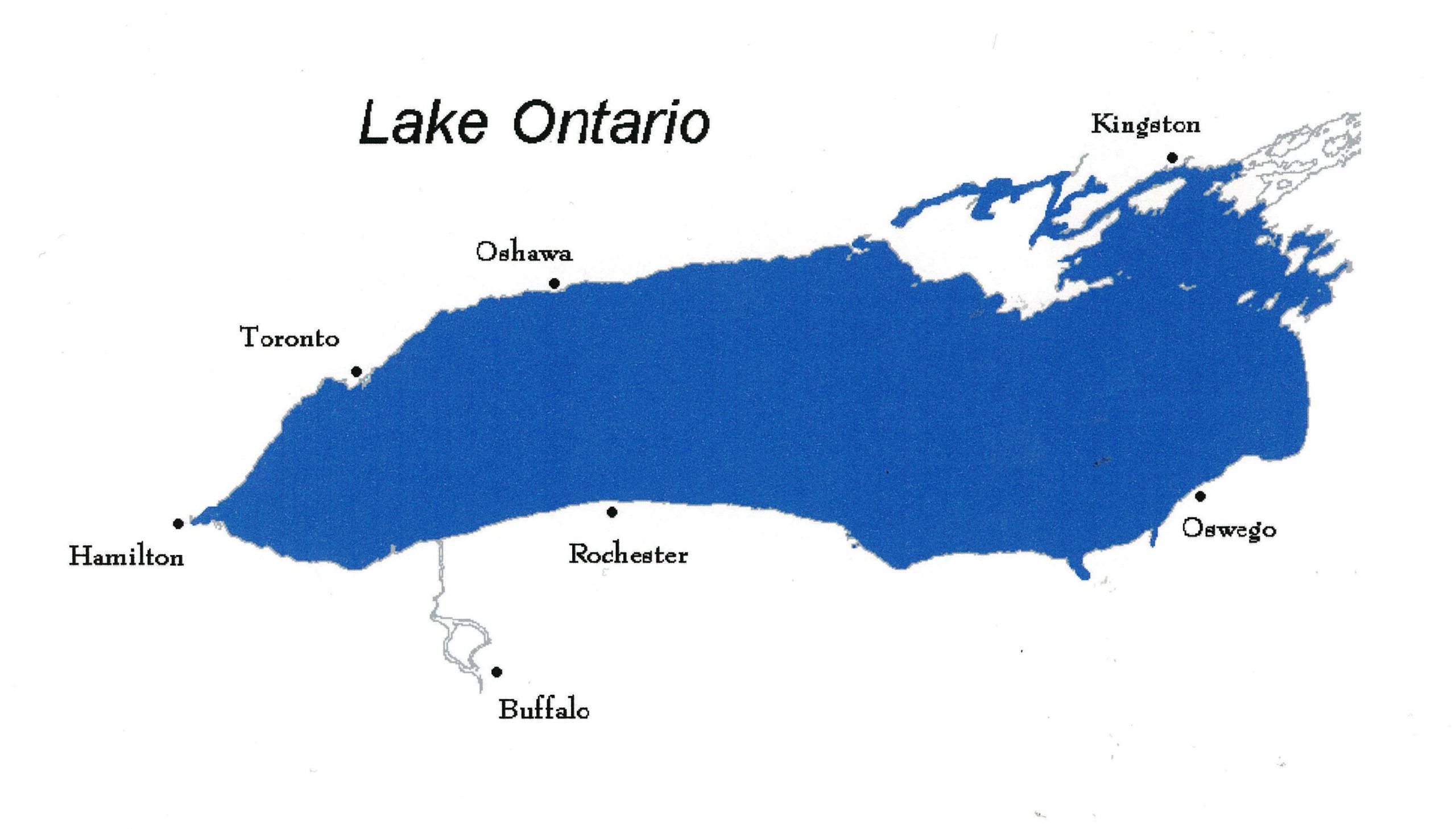 Hand drawn colour map of Lake Ontario showing locations of ports.