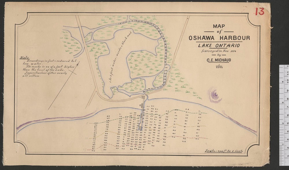 Colour, hand-drawn survey of the Oshawa harbour.