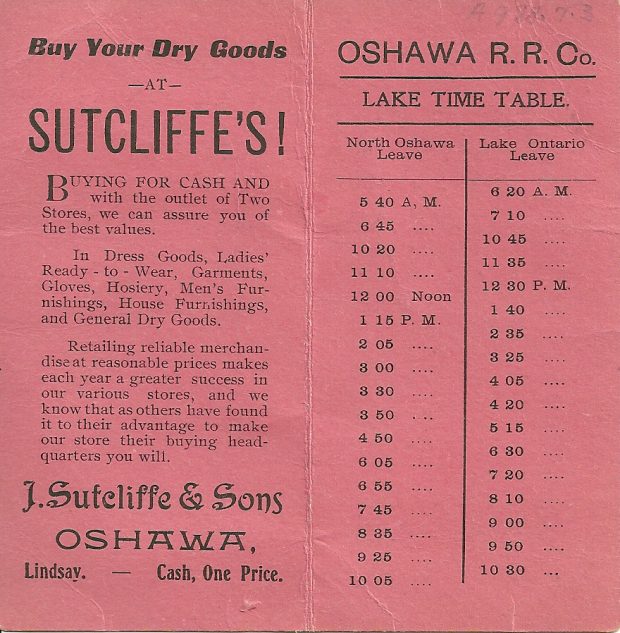 Pink schedule detailing times that railway leaves North Oshawa and the Lake.