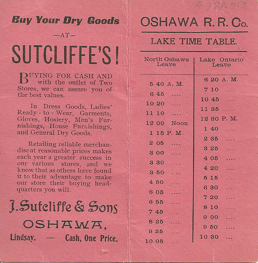 Pink schedule detailing times that railway leaves North Oshawa and the Lake.