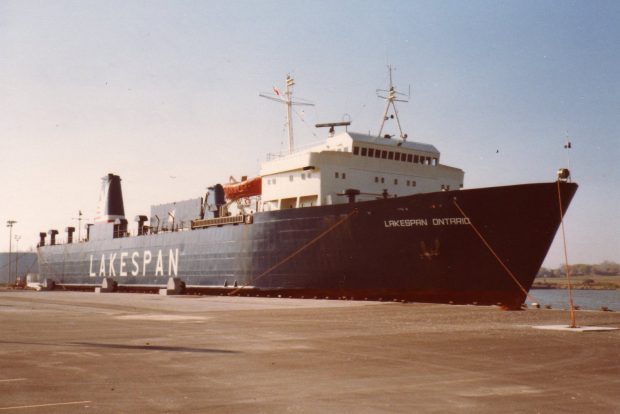 Colour photograph of large ship, Lakespan Ontario, docked at Oshawa Harbour.