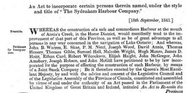 Copy of Act to Incorporate The Sydenham Harbour Company