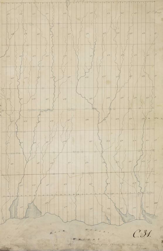 A hand-drawn map of lots and concessions in black ink. A hand drawn line is depicted in a different colour, a reddish-brown ink, indicating the location of a first nation walking path and ‘Willsons’ is noted at the bottom of the map where the water meets the land.