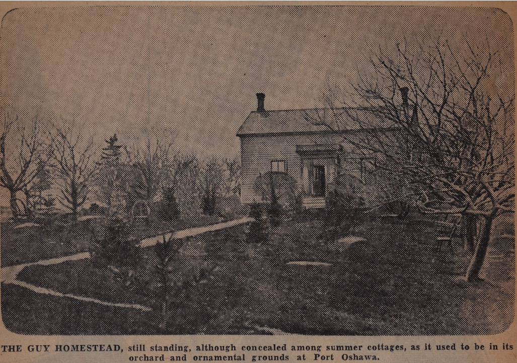 Newspaper article featuring a sketch of a house surrounded by vegetation.