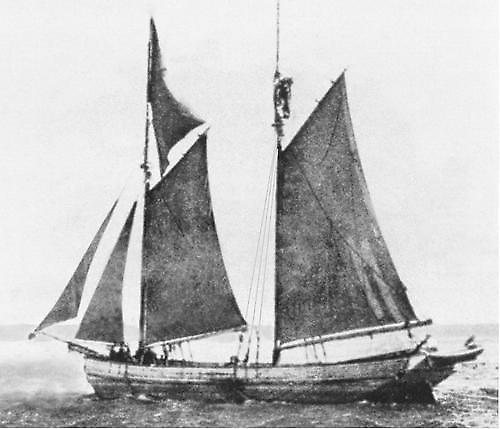 A drawing of a two-masted schooner on a lake.