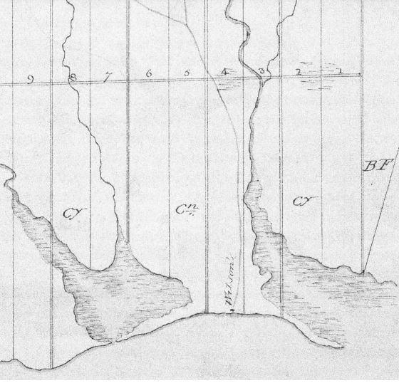 Black and white hand drawn survey with vertical lines that break up the land into rectangles representing lots. Areas that are shaded indicate the location of water and creeks.