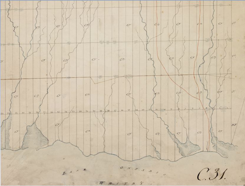 A hand-drawn map of lots and concessions in black ink. A hand drawn line is depicted in a different colour, a reddish-brown ink, indicating the location of a first nation walking path and ‘Willsons’ is noted at the bottom of the map where the water meets the land.