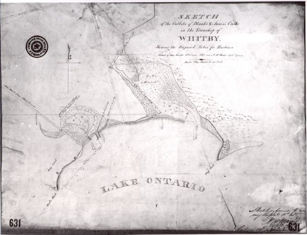 Black and white sketched survey showing the proposed sites for the Harbour.