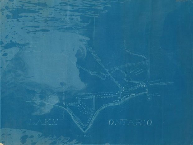 Blueprint plan of the proposed summer park at Oshawa lakefront, showing plans from Guy’s Point to the harbour pier, with existing cottages visible along the beach beside the pier.