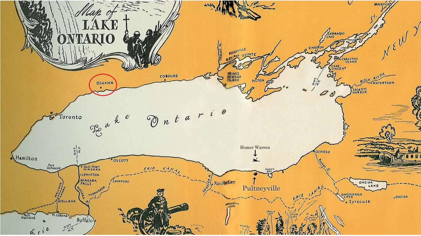 Colour map of Lake Ontario showing the location of ports and cities on both sides of Lake Ontario.